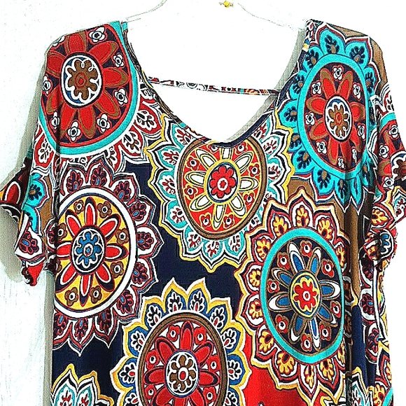 Multi Print Red White Yellow Blue Short Sleeve Maxi Dress NWT - Picture 1 of 4